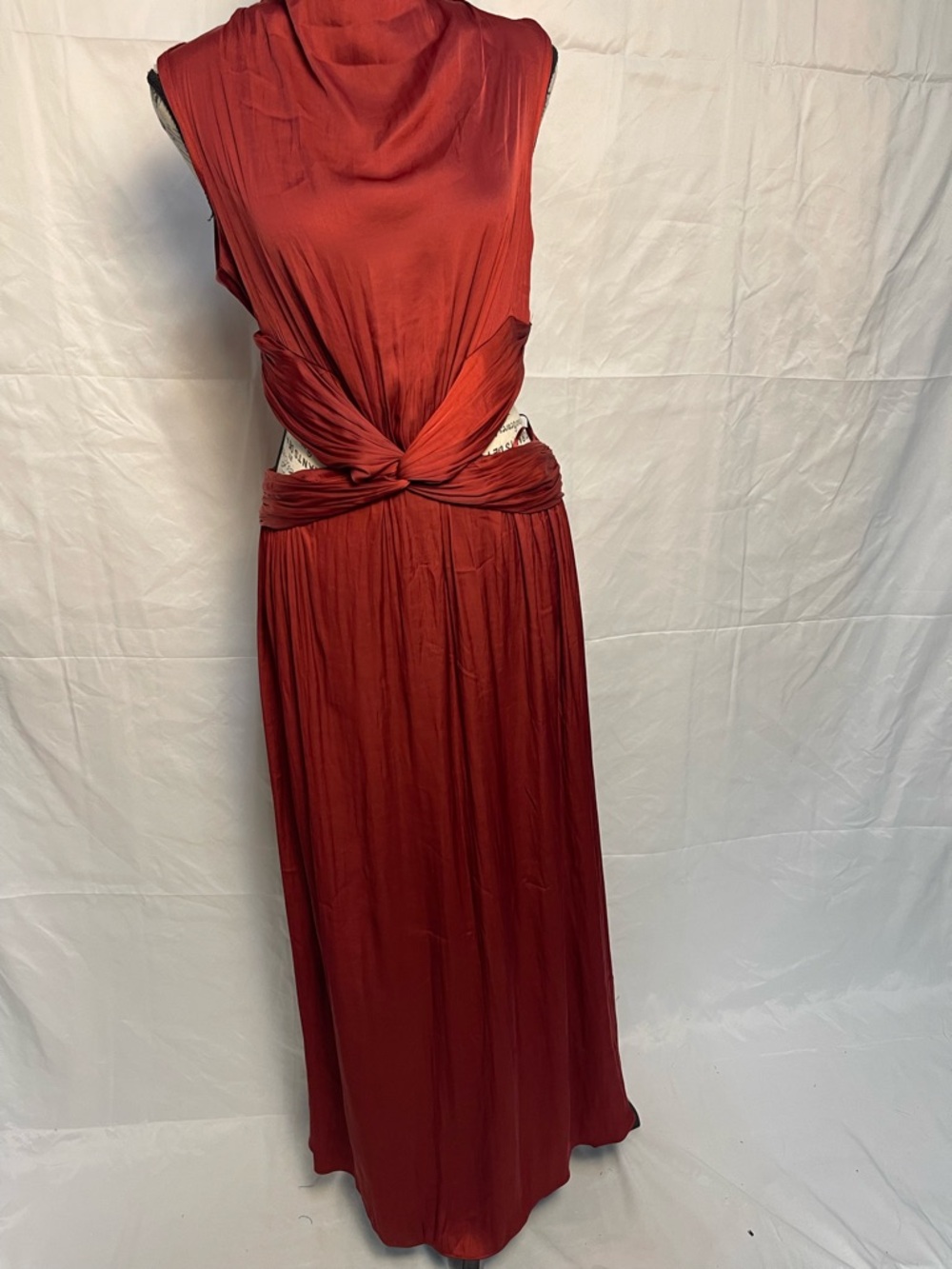 NWT Rust Red Satin Cutout Maxi Dress Draped Twist Waist